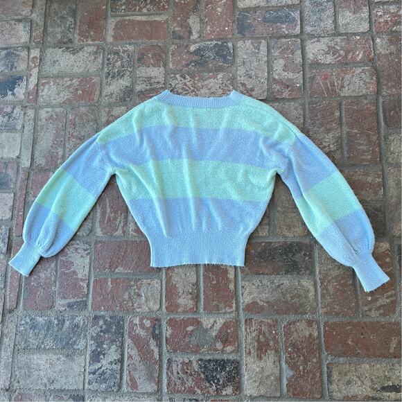 For Love & Lemons Knitwear Mint & Blue Size S Long Balloon Sleeve V-Neck - Picture 3 of 3